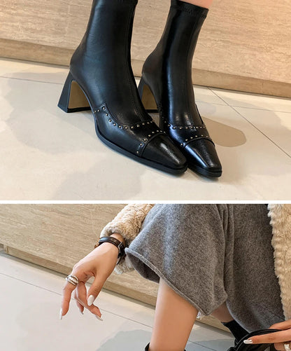 Rivetted Boots with Square Toes and Chunky Heels. Over the Ankle Stretch Tops