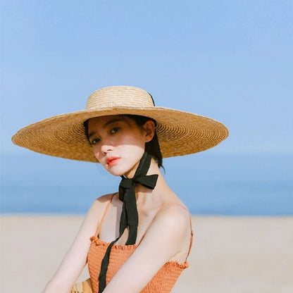 Big Natural Straw Hats, Wide-Brim Sun Visor Caps, Elegant Flat Top, Long Ribbon Tie