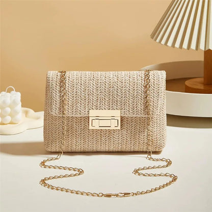 Handwoven Straw Shoulder Bag, Fashion Solid Color Crossbody Purse with Lock Closure