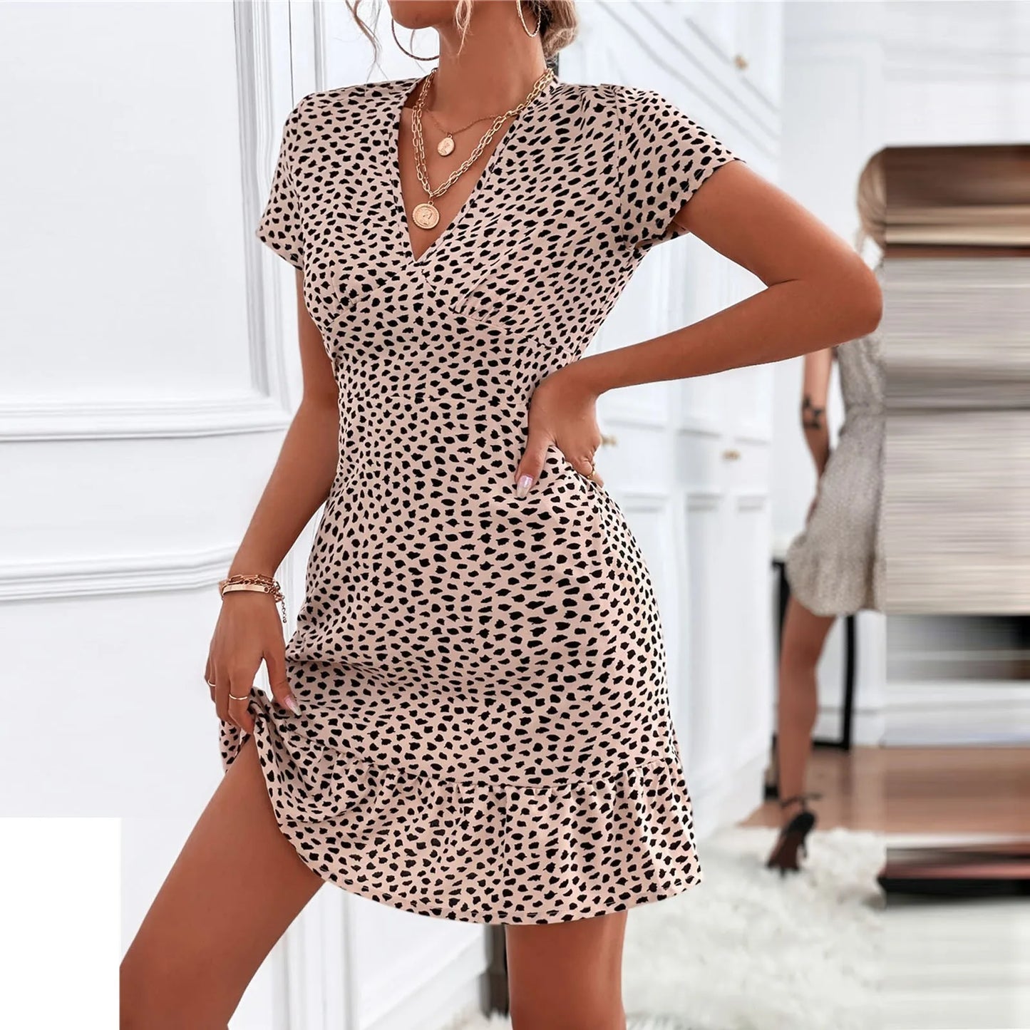 Floral Bohemian A-Line Dress with Ruffled Hem, V-Neck, Short Sleeves, and a Ruffle Hem