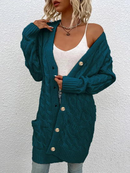 Solid Color Twisted Knit Long Cardigan with Single Buttons and Pockets. Green, Yellow, Turquoise, and White