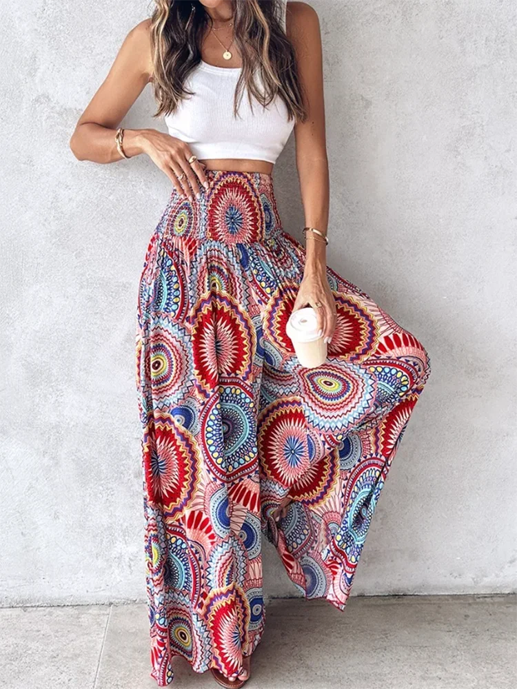 Women's,Cool Countryside Style Printed Wide Leg Pants Wide Elastic Band Waist