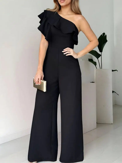 High-End Black Jumpsuit Slanted Shoulder Ruffle Edge Cinched Waist Slimming Effect Wide Leg Pants