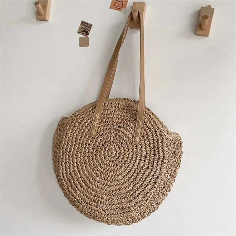 Round Straw Shoulder Bag Large Capacity Hollowed Out Weave