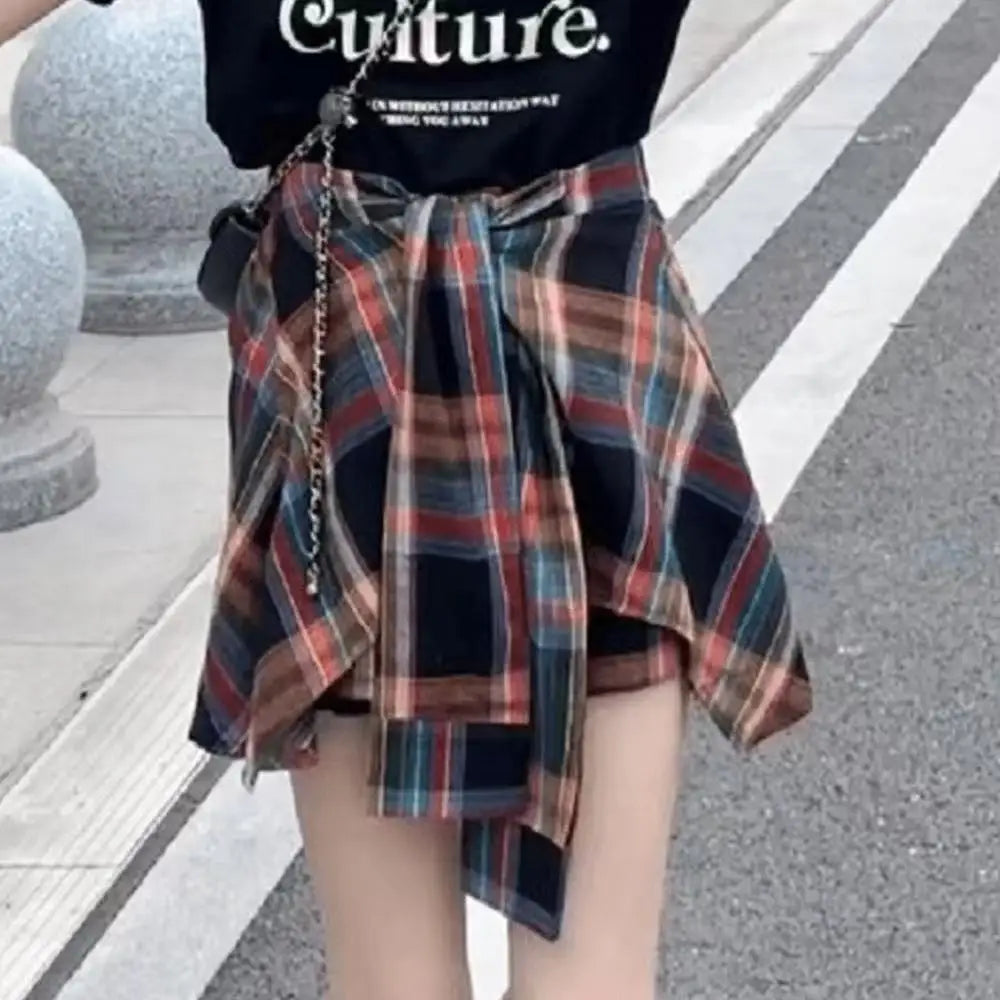 Sporty Street Style with Ruffle and Bow Tie Asymmetrical Hankie Hemline Elastic Waist, Plaid Patterned Skirt--Sizes 58 Centimeter Waist