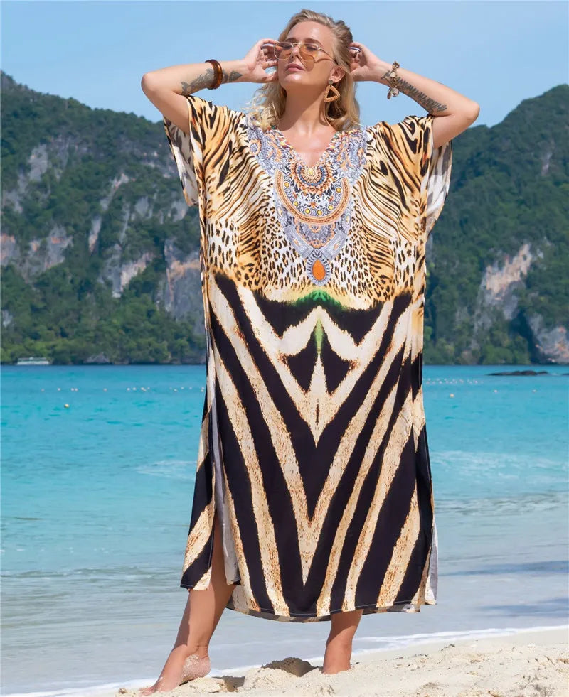 Plus Size Women's Plus Size Moroccan Print V-Neck Batwing Kaftan in 8 Designs