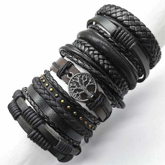 10 Pcs/set Black Wrapped and Woven Handmade Bracelets Male or Women Leather Bracelets