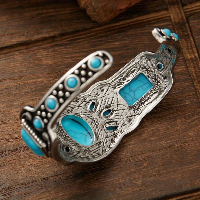 Vintage Bohemian Jewelry Cuff Bracelet with Faux Turquoise Opening Adjustable
