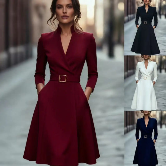 Sizes to 2XL, Knee Length Dress With Belt, Pockets, Waist Cinched, V-neck, Long Sleeves, comes in Red, White, and Black