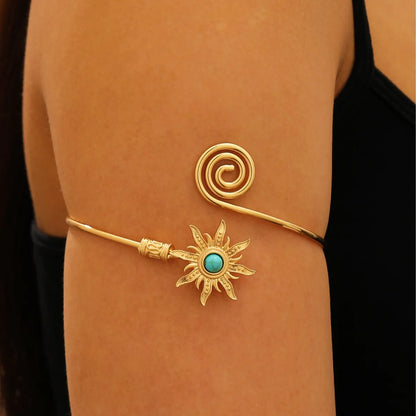Retro Sunflower Turquoise Cuff Bracelet  Twist Line Wide Open Arm Cuff