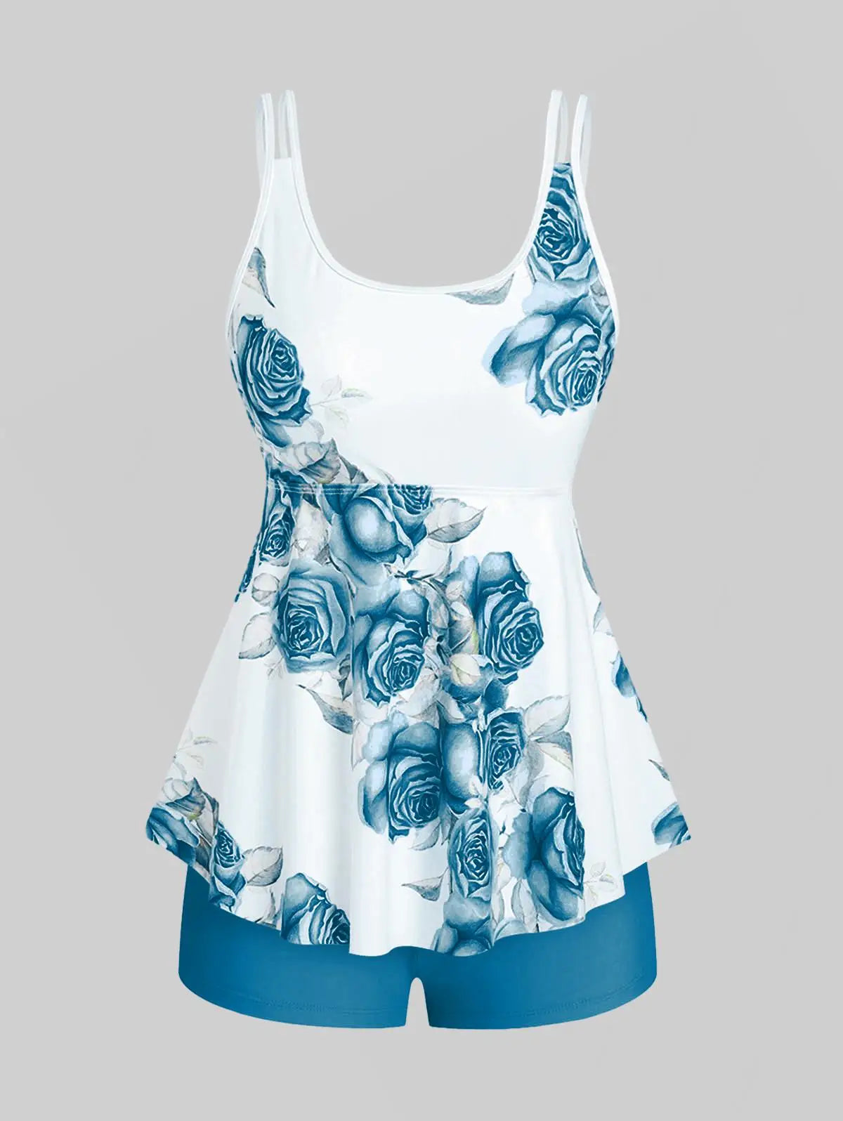 Sizes to 5XL. High Waisted Rose Print Modest Tankini Swimsuit
