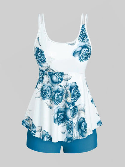 Sizes to 5XL. High Waisted Rose Print Modest Tankini Swimsuit