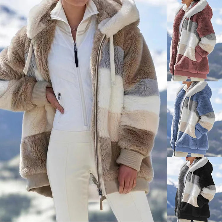 Oversized Warm Plush Jacket with Pockets, Hood, and Zipper Front, Loose, Cozy Fit. comes in 10 Colors