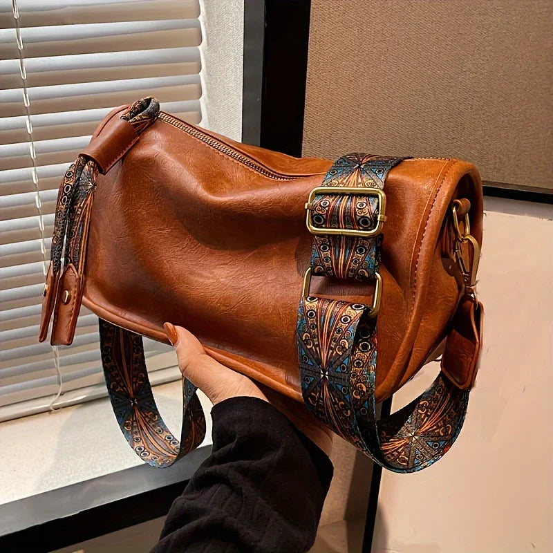 Zipper Closure  Crossbody Bag, Stylish Leather Shoulder Bag with Wide Strap