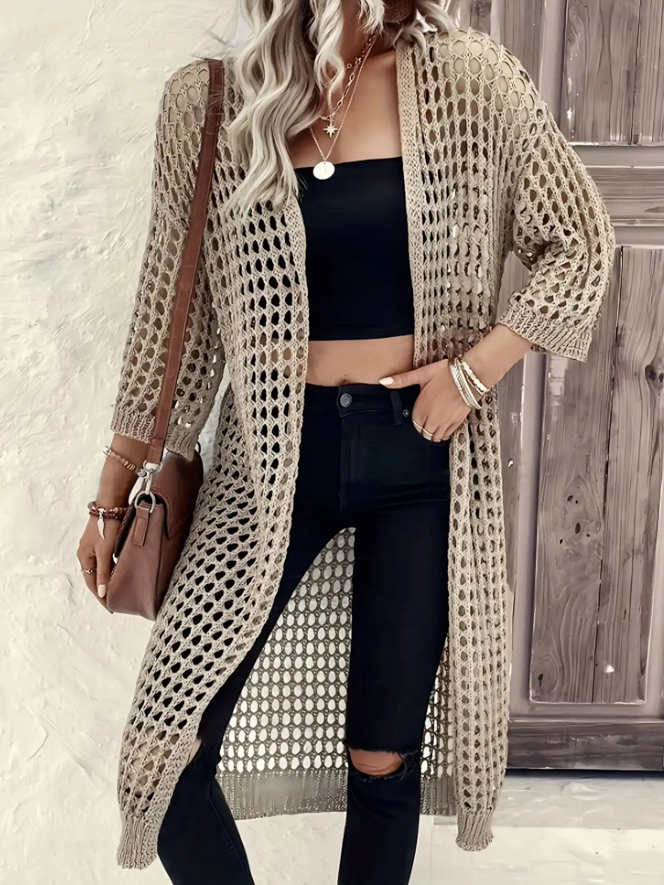 Long Hollowed Out Knit Cardigan, Spring Summer V-neck Mid-length Loose Casual
