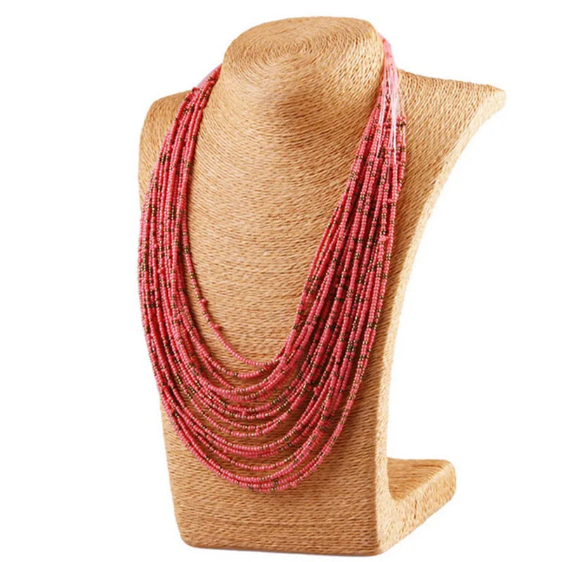 Boho African Acrylic Beaded Necklace Multi-layered
