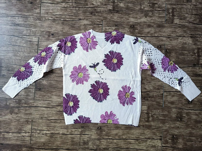 Boho Floral Print V Neck Crocheted Long Sleeved Sweater with Hollowed Out Knit Sleeves in 12 Different Designs