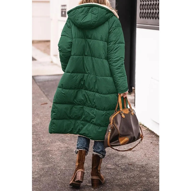 Reversible Sherpa Fleece, Long, Hooded Puffer Coats. Check colors: Brown, Green, Black, Burgundy, Light Gray