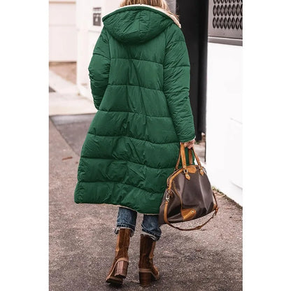 Reversible Sherpa Fleece, Long, Hooded Puffer Coats. Check colors: Brown, Green, Black, Burgundy, Light Gray