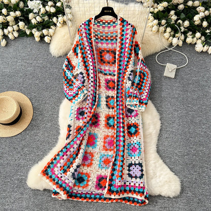 Boho Crocheted Knit Cardigan Midi Length