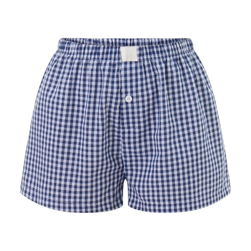 Retro Plaid Print Elastic Low Waist Button Front Loose Boxers