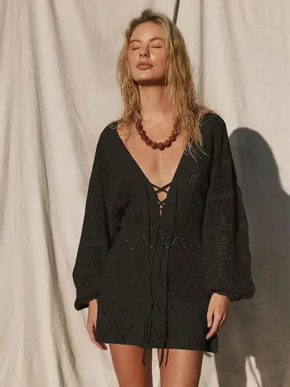 Plunging V-neck Lace-up Bell Sleeve Knit Mesh Hollow Out Beach Mini Dress Tunic