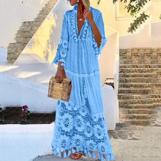 Sizes to 4XL Bohemian V-Neck Tassel Hems, Large Size, Lace flower tier, Casual Dress