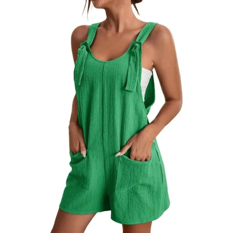 Sizes to 3XL, Short Jumpsuit, Loose Overall style, Solid Sleeveless Lace up Straps, Wide Leg Shorts with Pockets