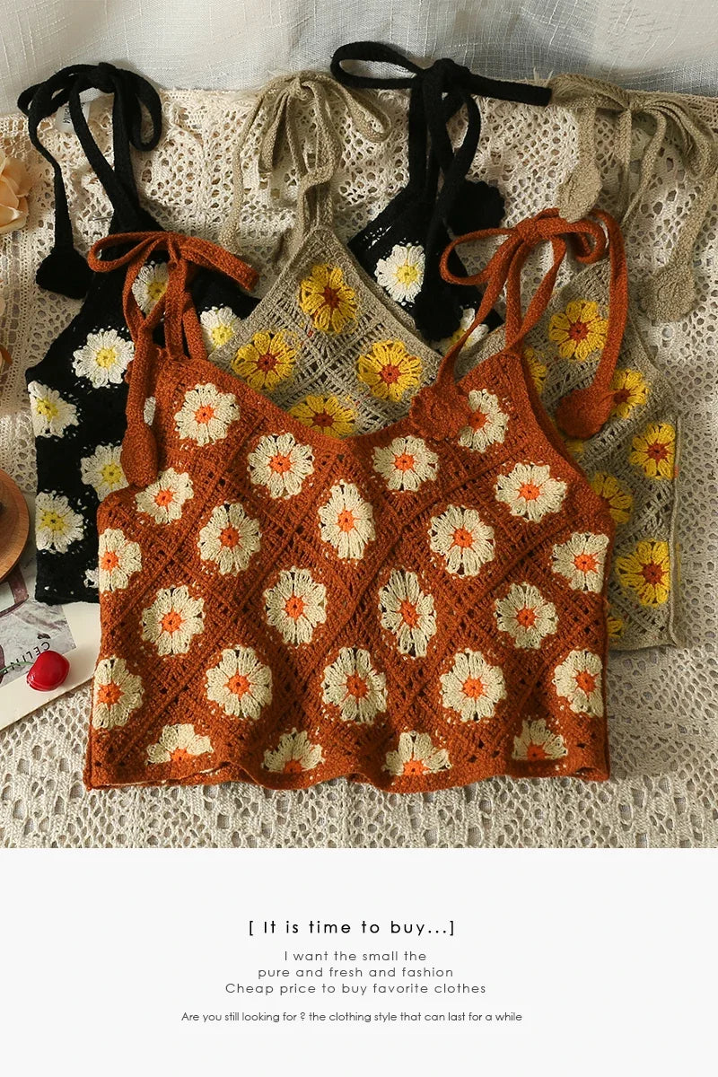 Floral Sleeveless Crochet Top with lace-up shoulder straps