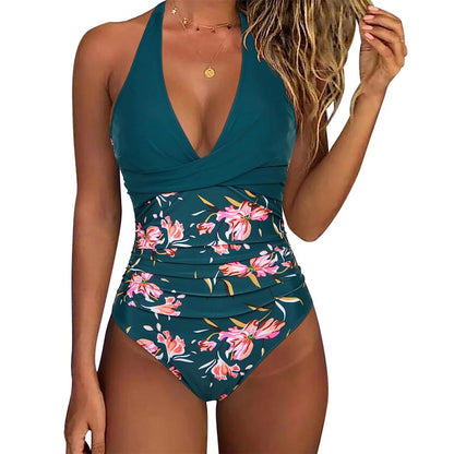 Tummy Control Sizes to 2XL Swimsuit Cross Front One Piece Beach Halter Neck comes in solids, print, and striped
