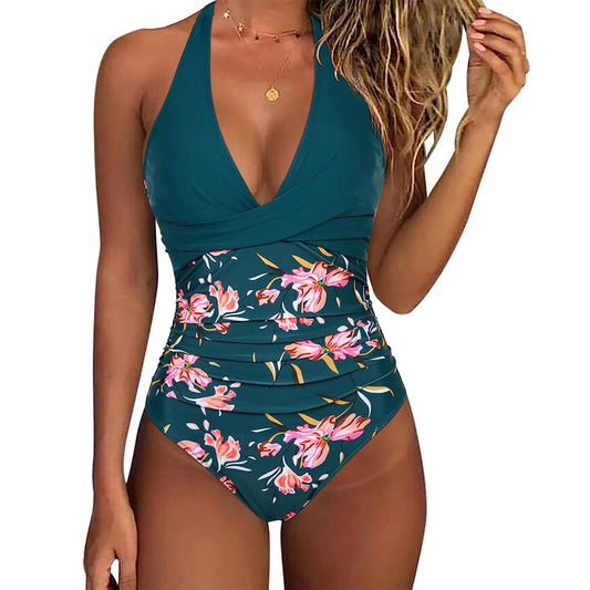 Tummy Control Sizes to 2XL Swimsuit Cross Front One Piece Beach Halter Neck comes in solids, print, and striped