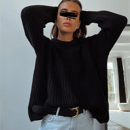 Chunky Knit Oversized Crew-Neck Pullover Sweater, 16 Colors