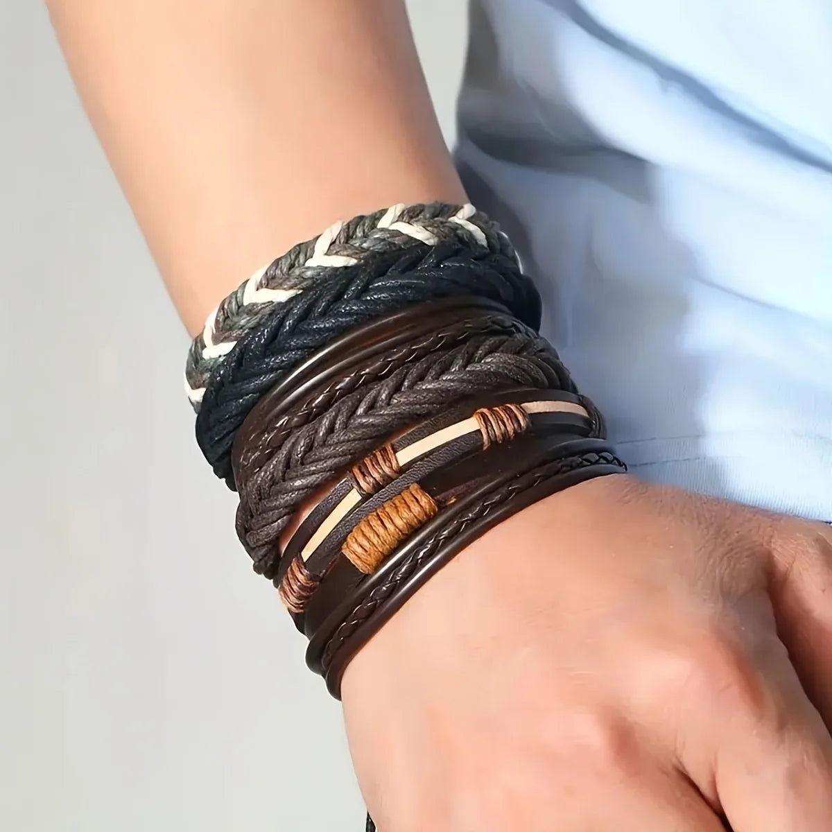 Boho 20Pcs Braided Leather Bracelets with Wood Beads Hemp Cords Tribal Handmade Wrapped Wristband