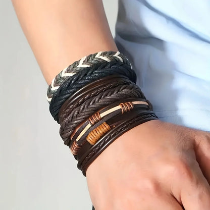 Boho 20Pcs Braided Leather Bracelets with Wood Beads Hemp Cords Tribal Handmade Wrapped Wristband