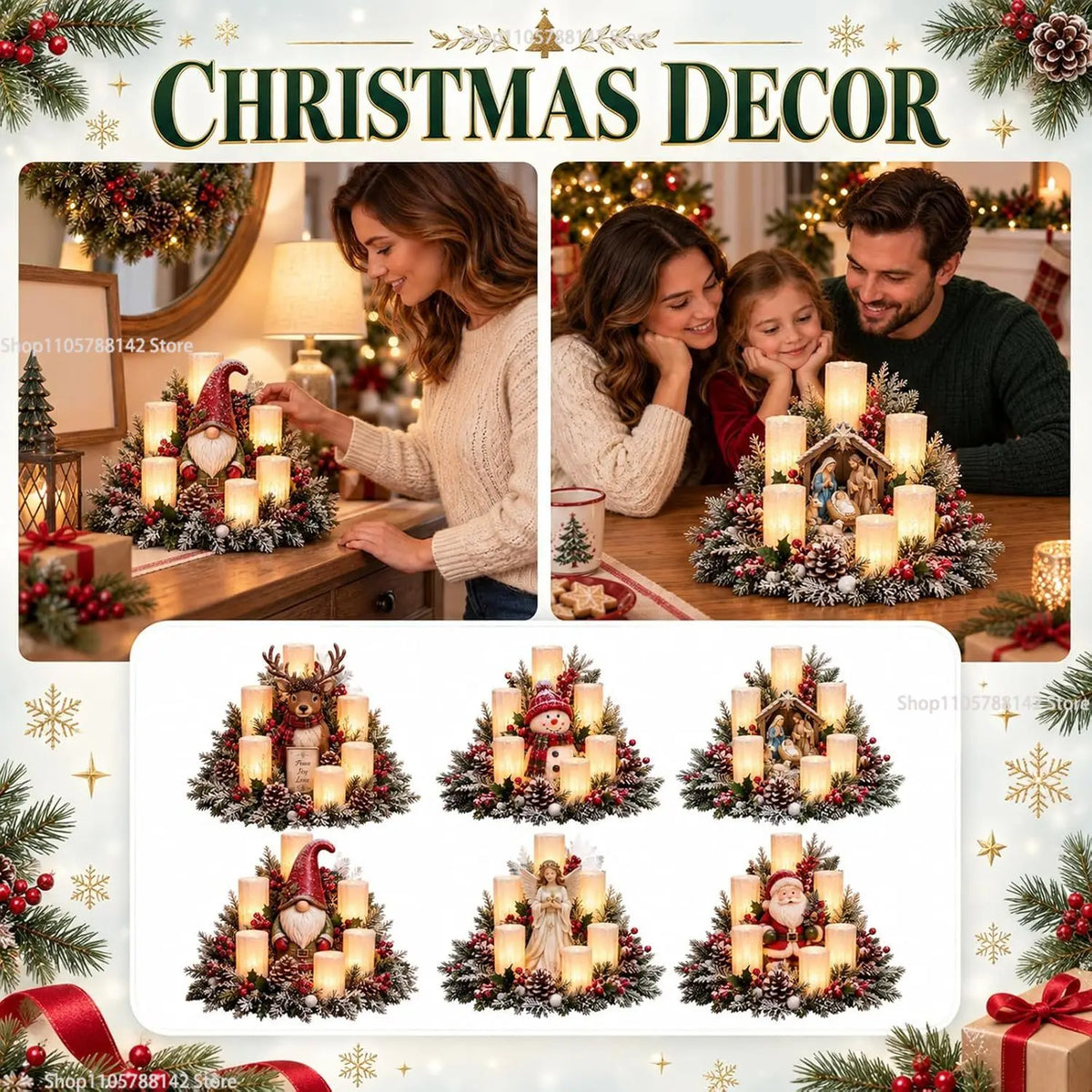 Christmas Lighted Table Centerpiece, Flameless Candle Glow, 8 Designs