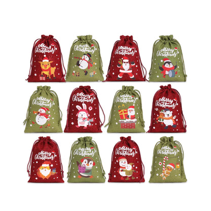 Christmas Drawstring Burlap Gift Bags, 12-Pack, 2 Colors