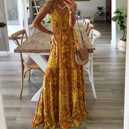 Boho Long Dress V-Neck High Waist Floral Print Maxi Gown European And American New Style Strapless Dress