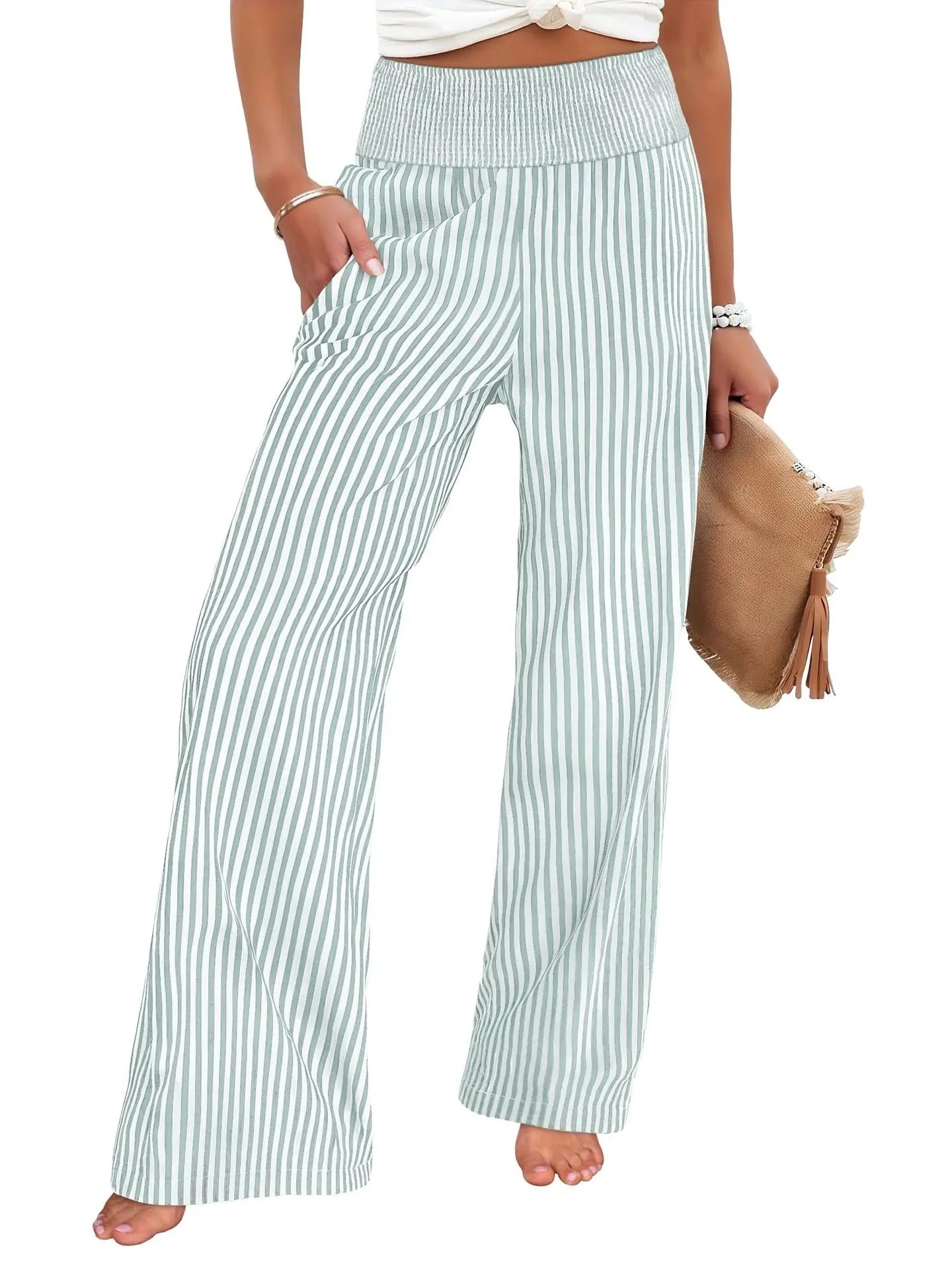 Sizes to 2XL Loose Striped Casual Straight Leg High Waisted Pants Available in 8 Colors