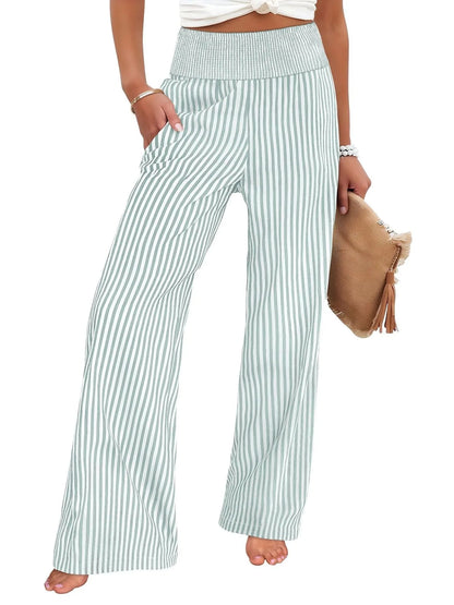 Sizes to 2XL Loose Striped Casual Straight Leg High Waisted Pants Available in 8 Colors