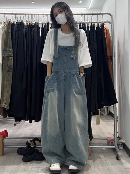 Retro Light Wash Denim Overalls for  Loose High Waist Baggy Leg Jumpsuit with Big Pockets