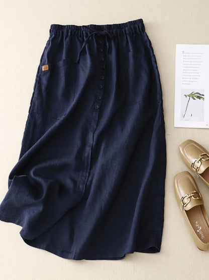 Retro Cotton Linen Elastic and Drawstring Waist Skirt, with Pockets