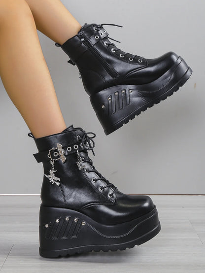 Punk Goth Platform Heels Wedge Heeled Boots, Tie and Strap Closures
