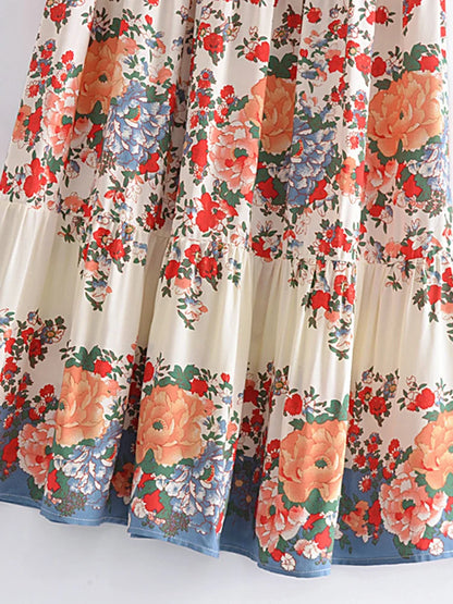 Vintage Chic Bohemian Floral Print  Hippie Skirt High Elastic Waist Maxi Skirt