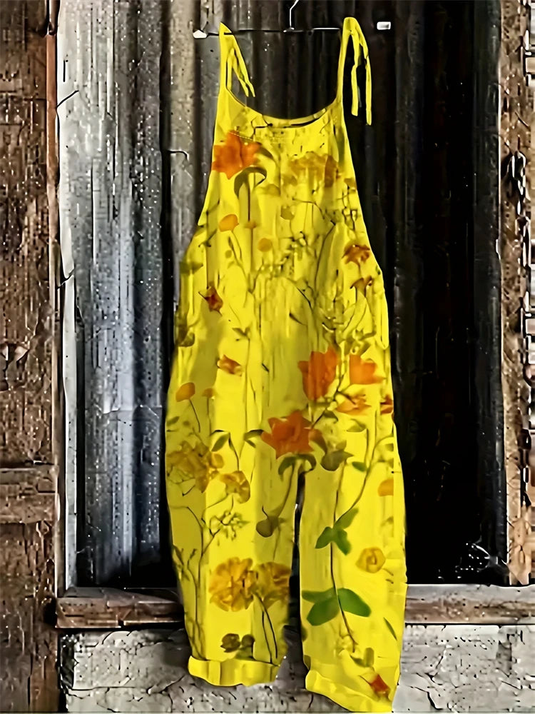 Sling Jumpsuit, Tie String Straps, Floral Printed, Wide Leg Pants, Casual Outdoor, Loose,  Comfortable, Breathable