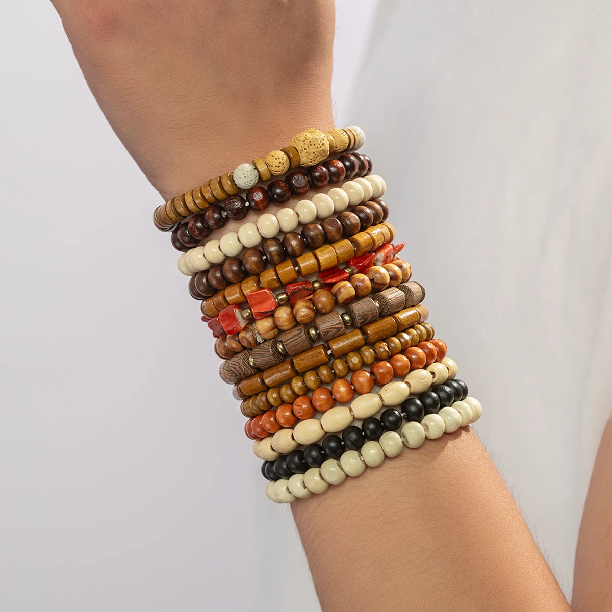 14-piece Boho wooden bead bracelet set