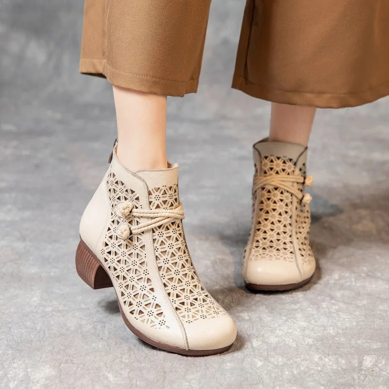 Bopho 5cm Thick Heel Ankle Boots Handmade Retro Style Genuine Leather Zipper Back Breathable