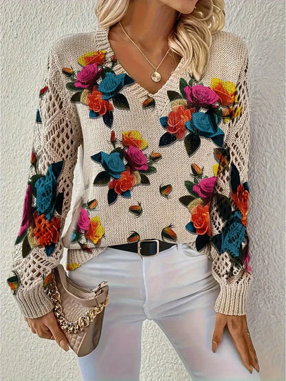 Boho Floral Print V Neck Crocheted Long Sleeved Sweater with Hollowed Out Knit Sleeves in 12 Different Designs