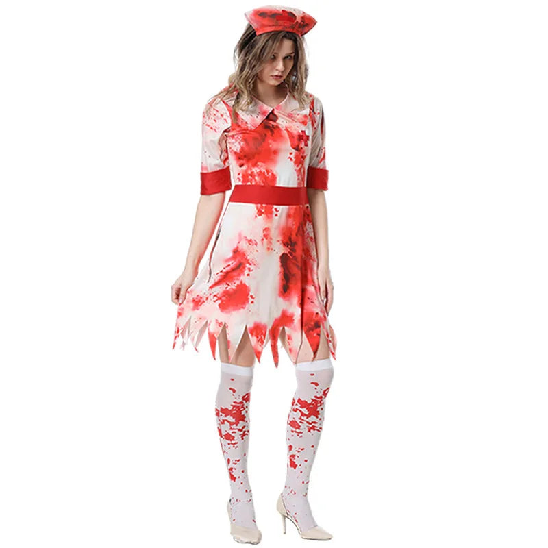 Halloween Scary Nurse Costumes Adult, Horror Bloody Printed Nurse Costume