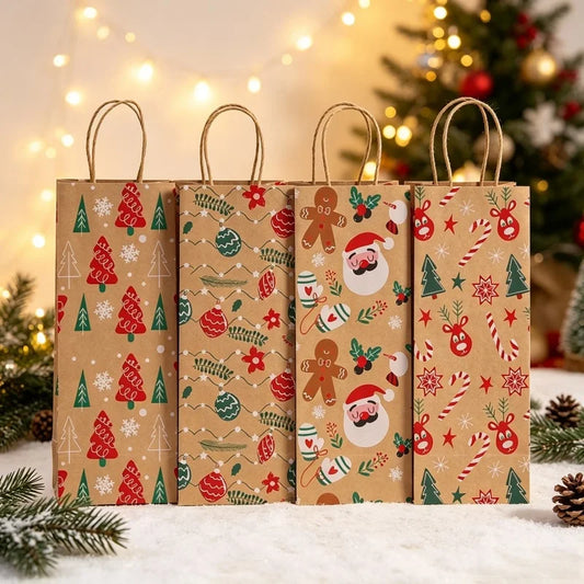 Christmas Wine Bottle Kraft Gift Bags, 4-Pack