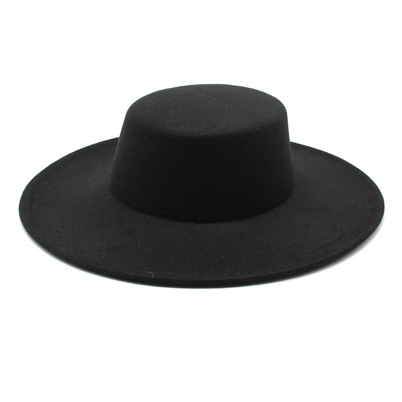 French Wide Brim Women's Fedora Wool Hat  Flat Top Felt in Marigold, White, and Black.